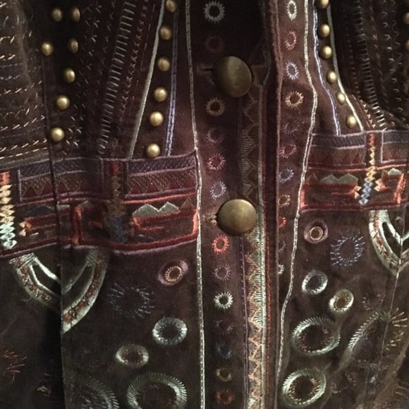 Pamela McCoy Brown Velvet  Embellished Embroidered Long Collared Coat Jacket ~ M - Picture 4 of 5